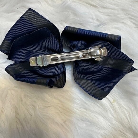 Navy Blue Stripe 4" Flat Bow on Spring Barrette    7887 - Picture 2 of 2